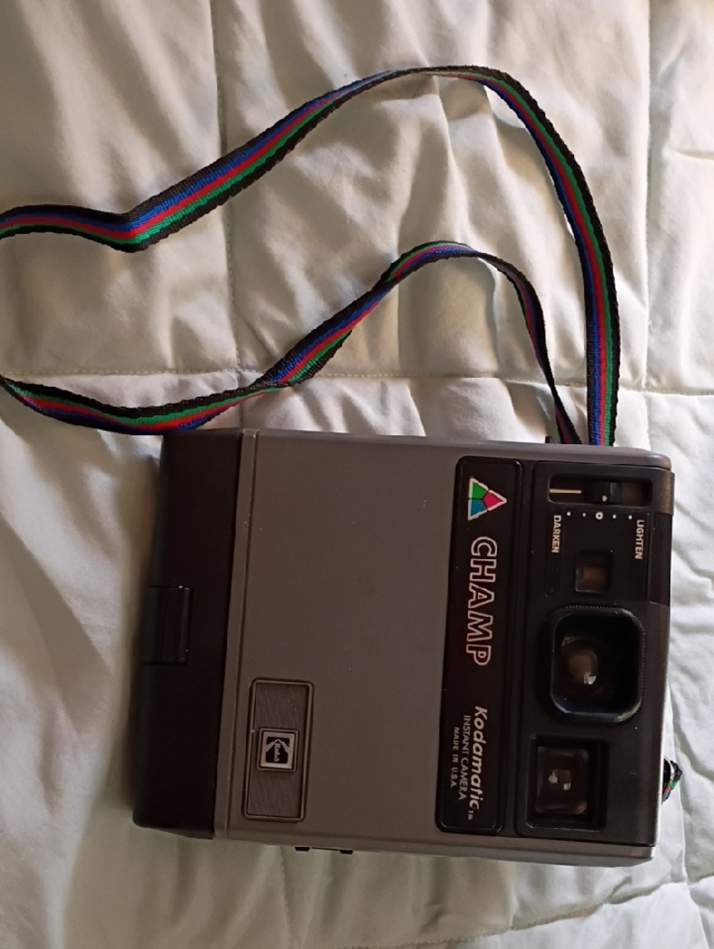 CHAMP Kodamatic Vintage Film Camera in Gray with Rainbow Strap